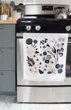 Load image into Gallery viewer, Garden City flowers tea towel – black and greige