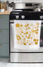 Load image into Gallery viewer, Garden City flowers tea towel – peach and gold