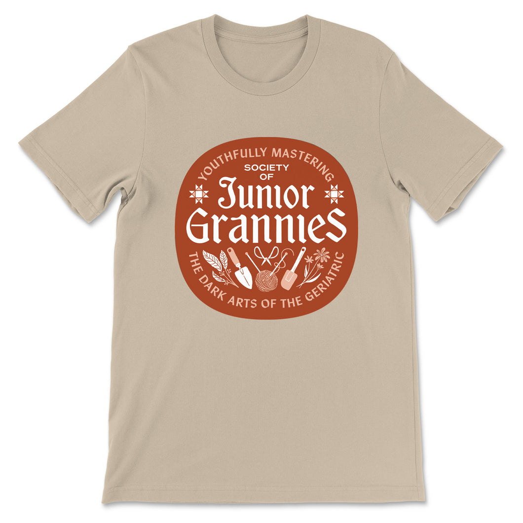 Society of Junior Grannies t-shirt (Brown + Pink logo)