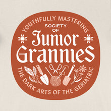 Load image into Gallery viewer, Society of Junior Grannies t-shirt (Brown + Pink logo)

