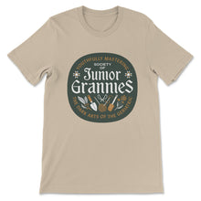 Load image into Gallery viewer, Society of Junior Grannies t-shirt (Green + Gold logo)
