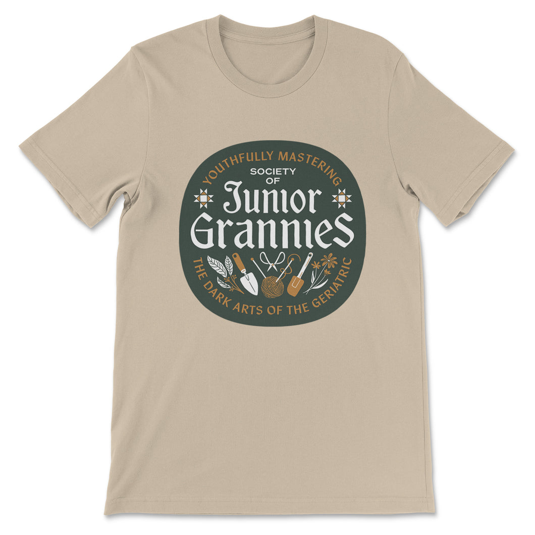 Society of Junior Grannies t-shirt (Green + Gold logo)
