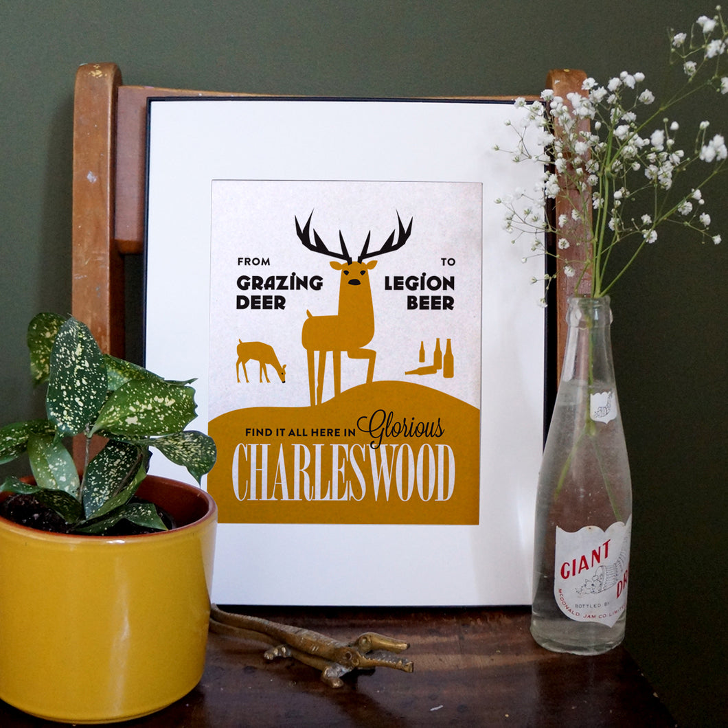Charleswood: grazing deer, legion beer print