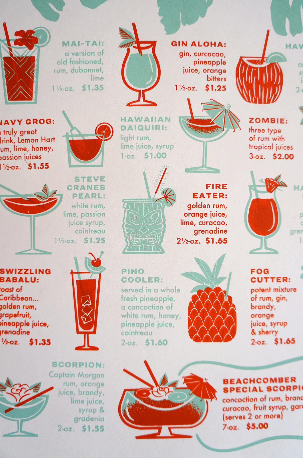 The Beachcomber cocktail menu screenprint